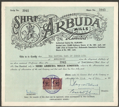 India SHREE ARBUDA MILLS share certificates x 3 different 1960-68