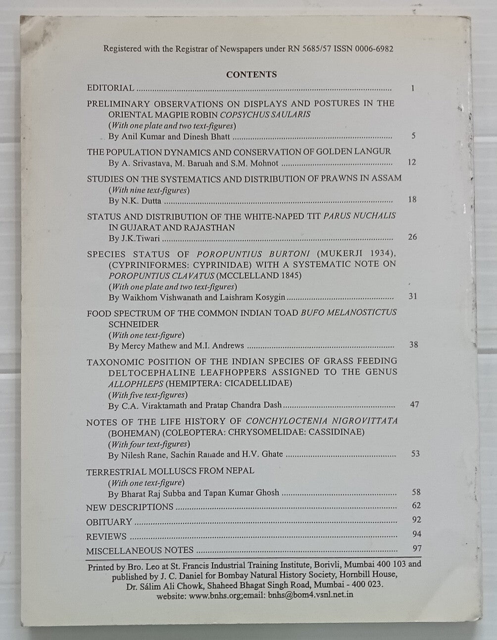 AOP India JOURNAL OF THE BOMBAY NATURAL HISTORY SOCIETY April 2001