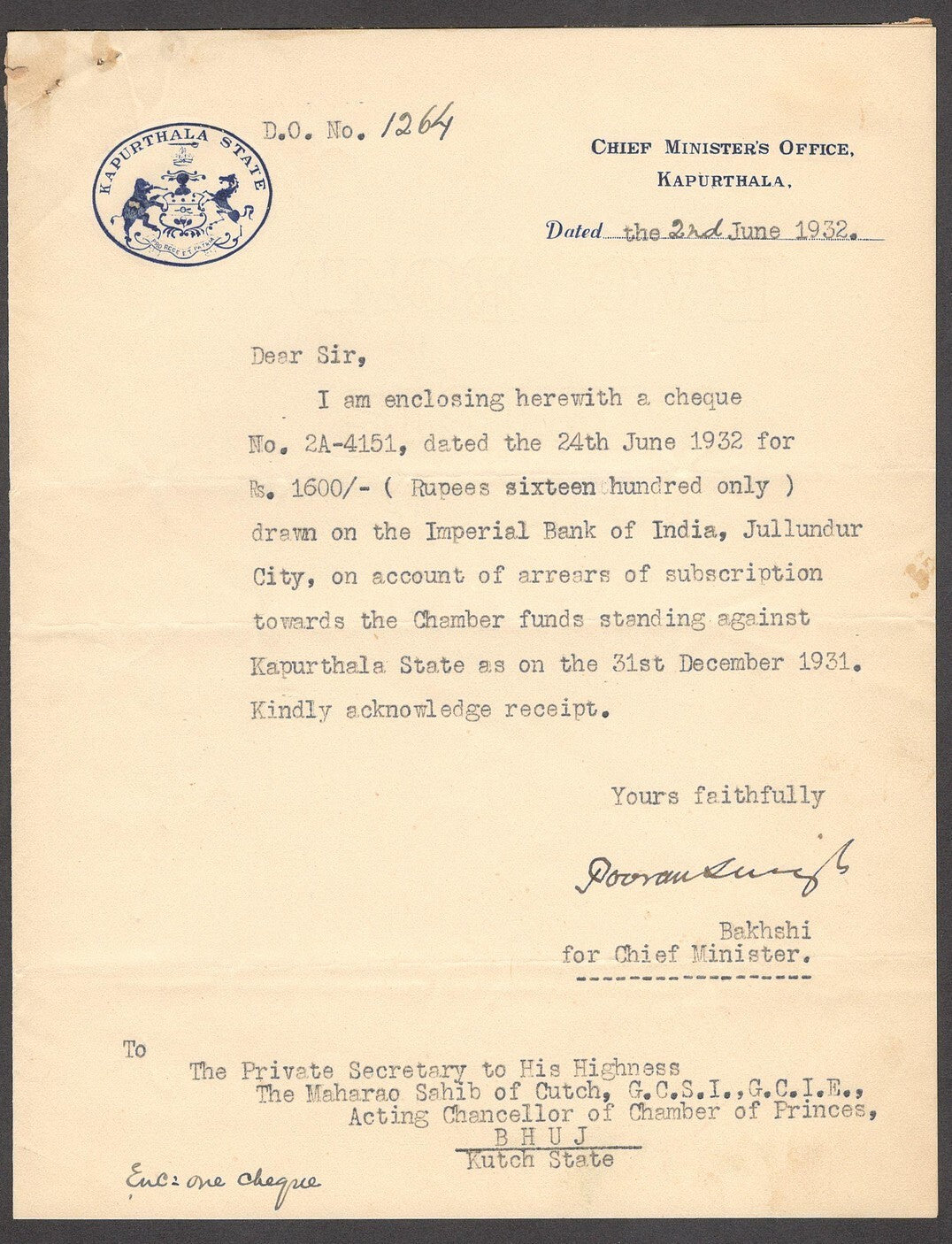 India 1932 crested letter KAPURTHALA STATE CHIEF MINISTER OFFICE signed