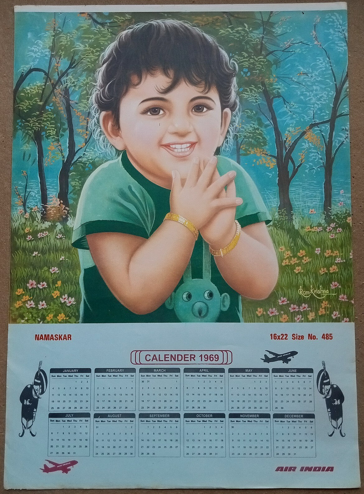 AIR INDIA 1969 poster calender 485 - NAMASKAR - ARTIST : RAM KRISHNA - R
