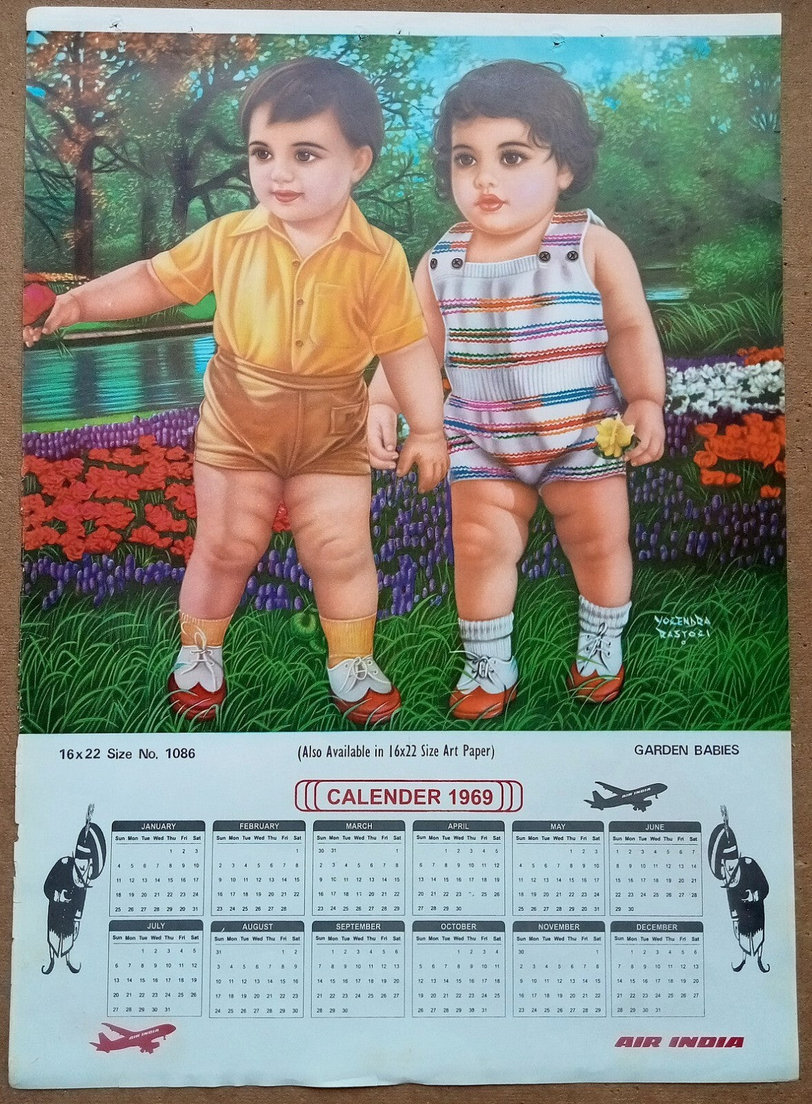 AIR INDIA 1969 poster calender 1086 - GARDEN BABIES - ARTIST : YOGENDRA RASTOGI