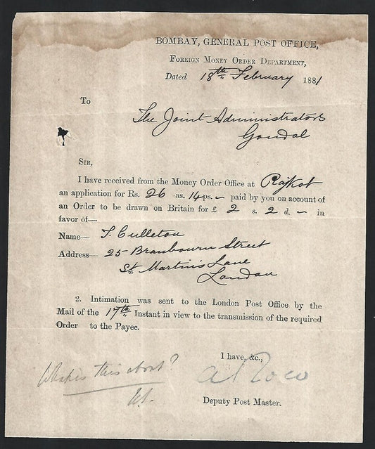 India Bombay General Post Office 1881 Foreign Money Order