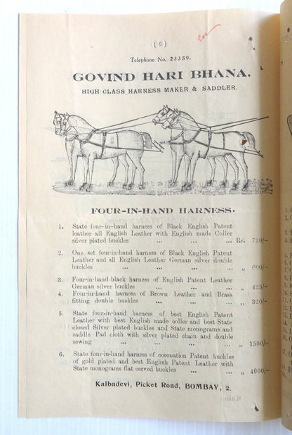 India 1930s advertiement brochure HORSE HARNESS SADDLES MOTOR PARTS