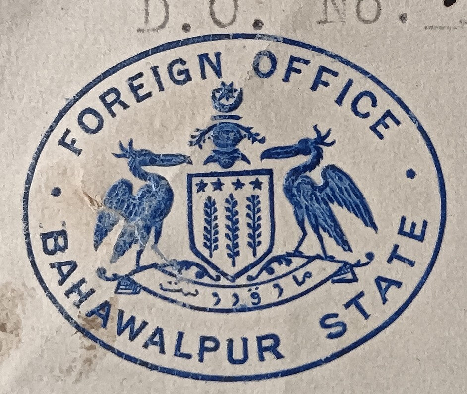 India FOREIGN OFFICE * BAHAWALPUR STATE signed crested letter used 1924