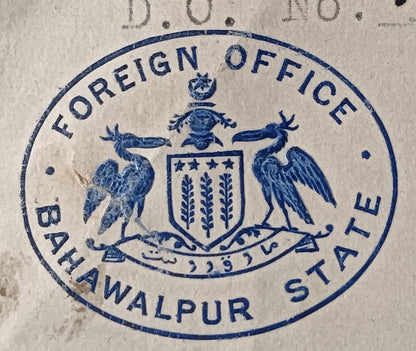 India FOREIGN OFFICE * BAHAWALPUR STATE signed crested letter used 1924