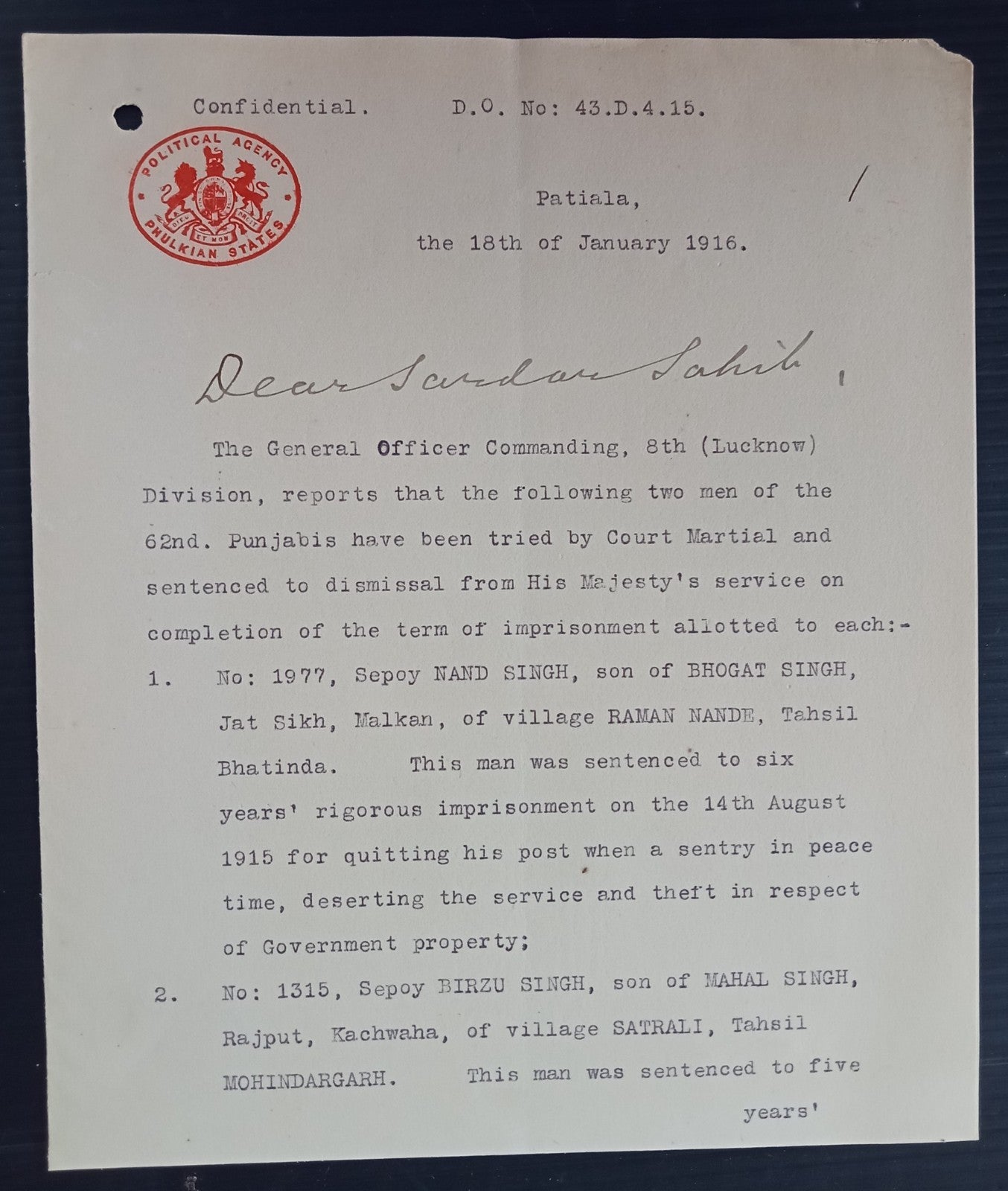 India 1915 POLITICAL AGENCY PHULKIAN STATES crested letter 62 Punjabis desertion