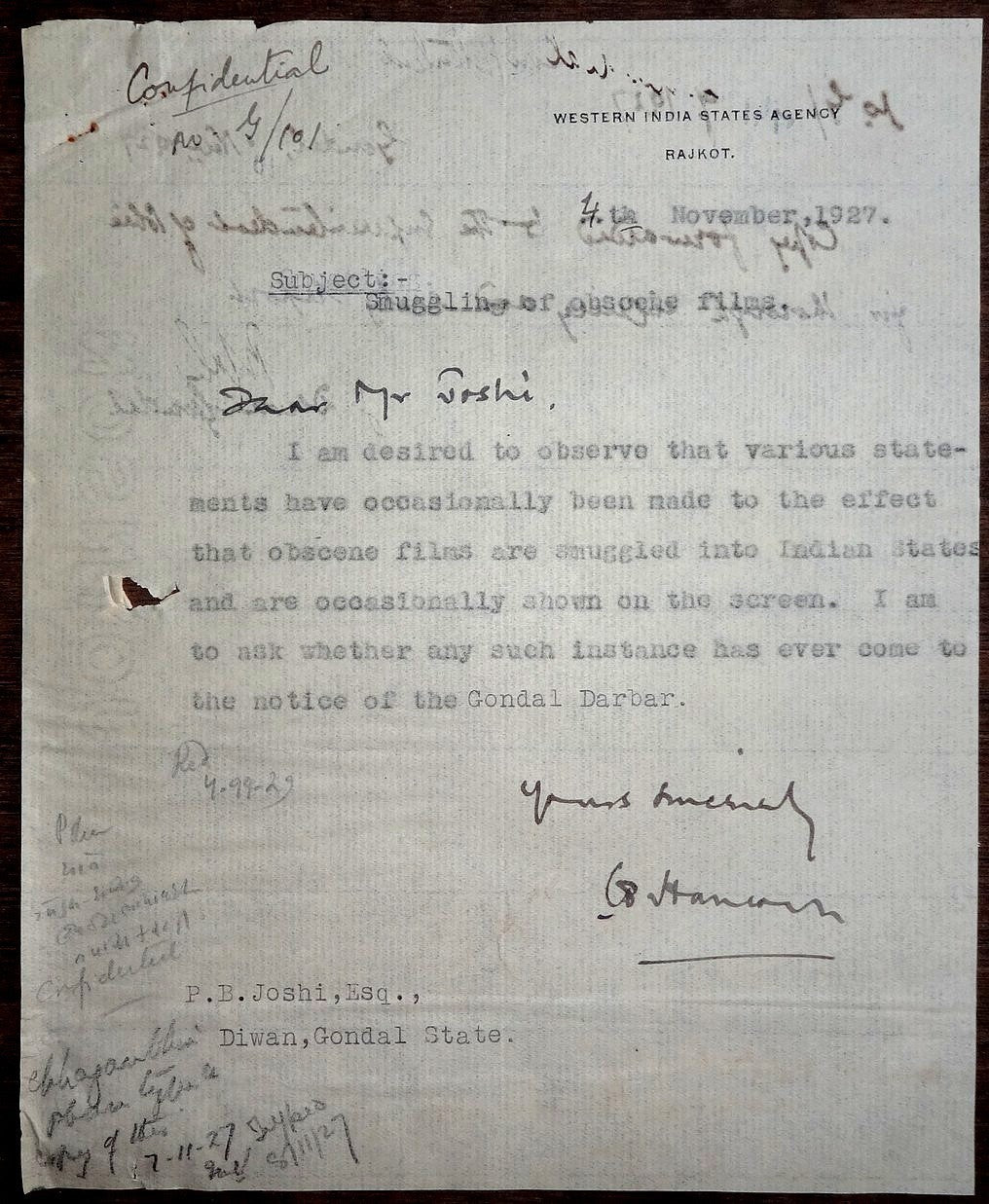 India 1927 confidential correspondence obscene movies smuggled into India States