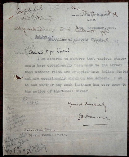 India 1927 confidential correspondence obscene movies smuggled into India States