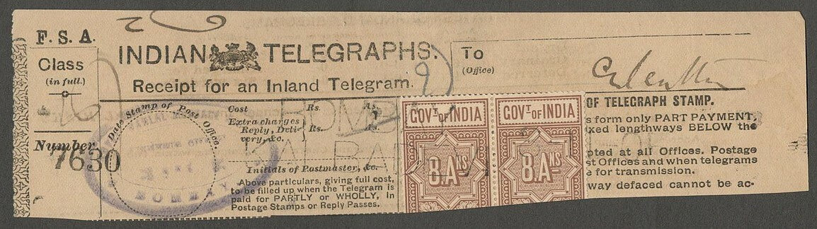 AOP India Telegraph stamps on 1905 BY- KALBADEVI Telegraph receipt