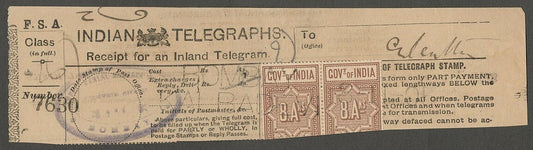 AOP India Telegraph stamps on 1905 BY- KALBADEVI Telegraph receipt