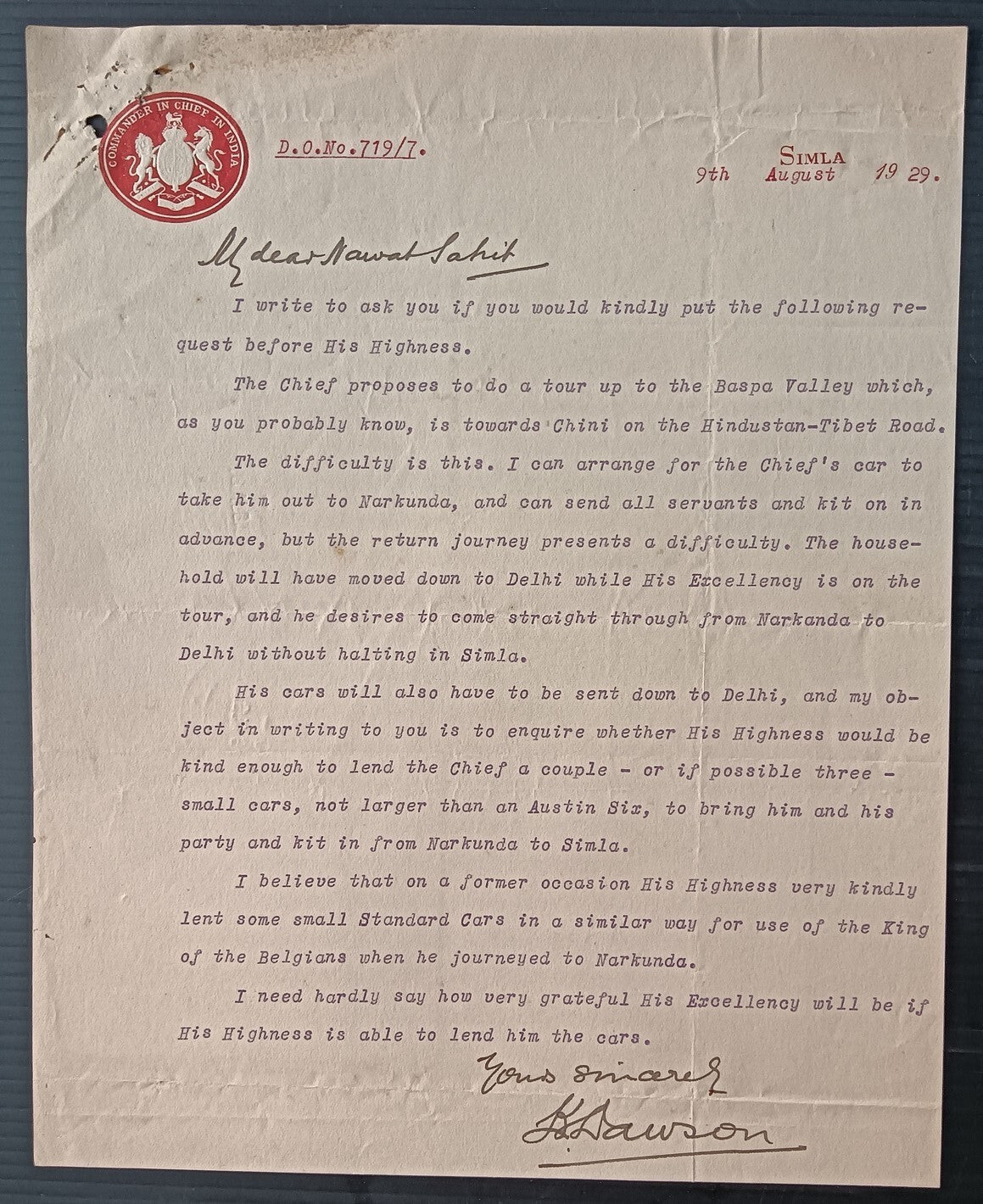 India COMMANDER IN CHIEF IN INDIA crested letter used 1929