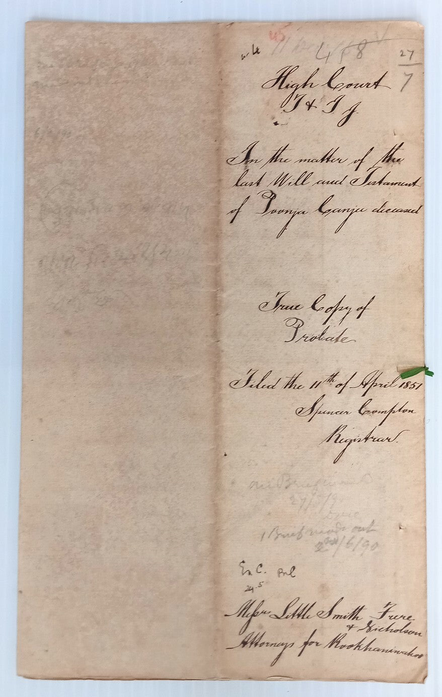 AOP India1850 12 pages Will with QV Court Fee 1a,4a & 6R