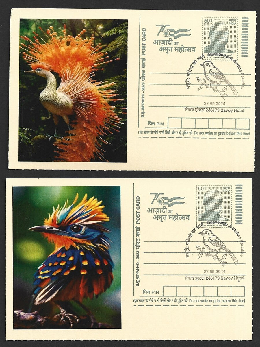 India 2024 Birding Paradise Savoy Hotel postmarks on cards PEACOCKS (15)