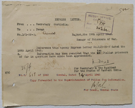 AOP India WW2 1942 Official letter ESCAPE OF ITALIAN PRISONERS OF WAR CAUGHT!