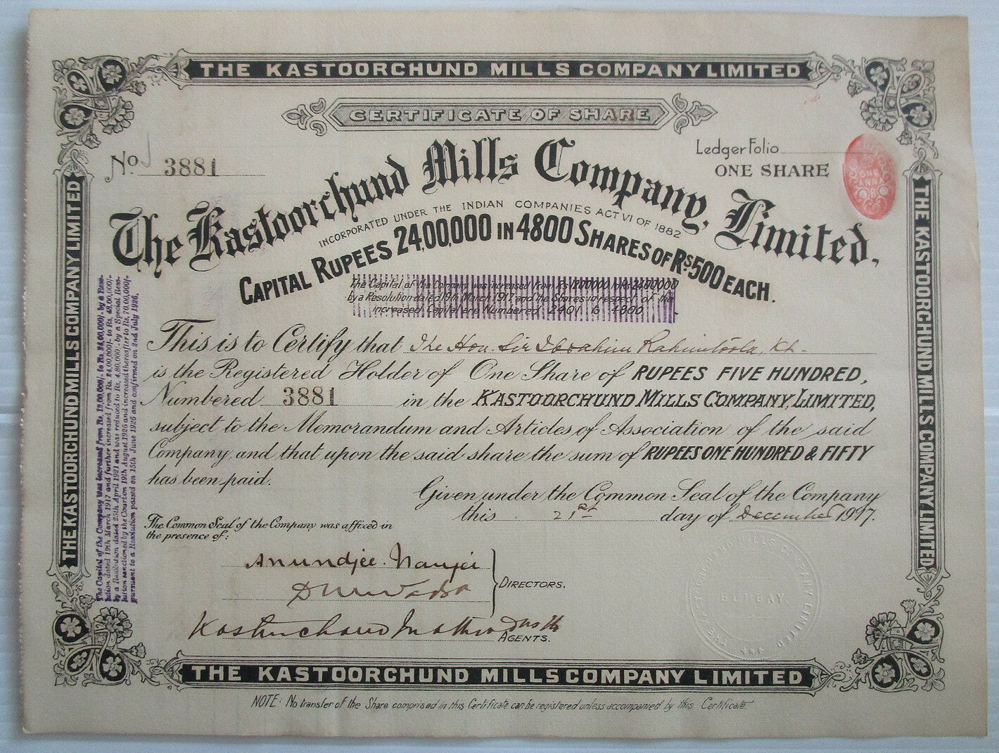 India Kastoorchund Mills Company Ltd. 1997 share certificate