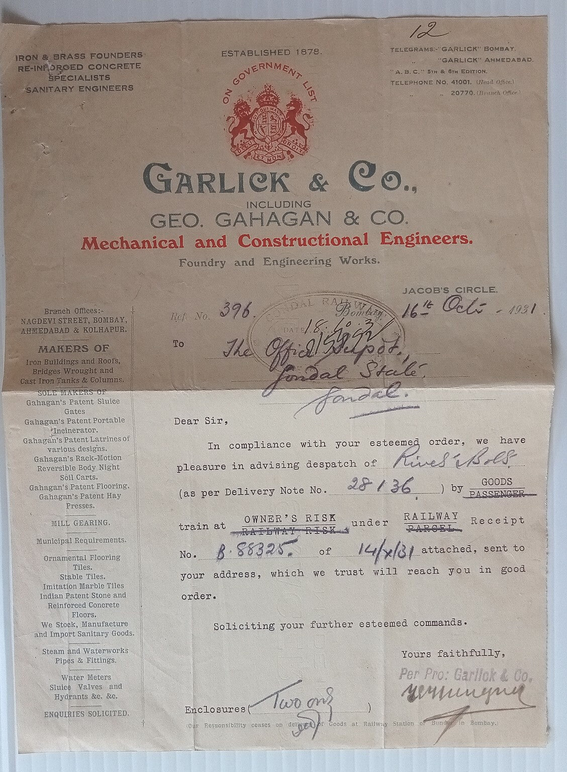 India 1931 illustrated letterhead GARLICK & CO. Constructional  Engineers Bombay