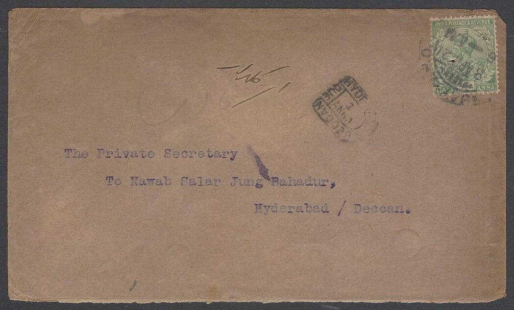 India 1921 cvr to PS, Nawab Hyderabad ,tall horseshoe "HYDERABAD DECCAN/DUE/ANNA
