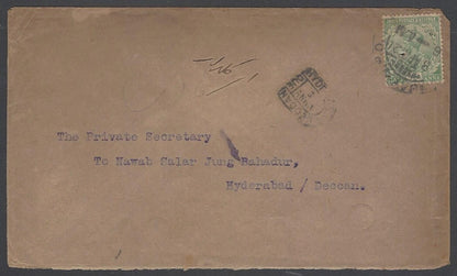 India 1921 cvr to PS, Nawab Hyderabad ,tall horseshoe "HYDERABAD DECCAN/DUE/ANNA