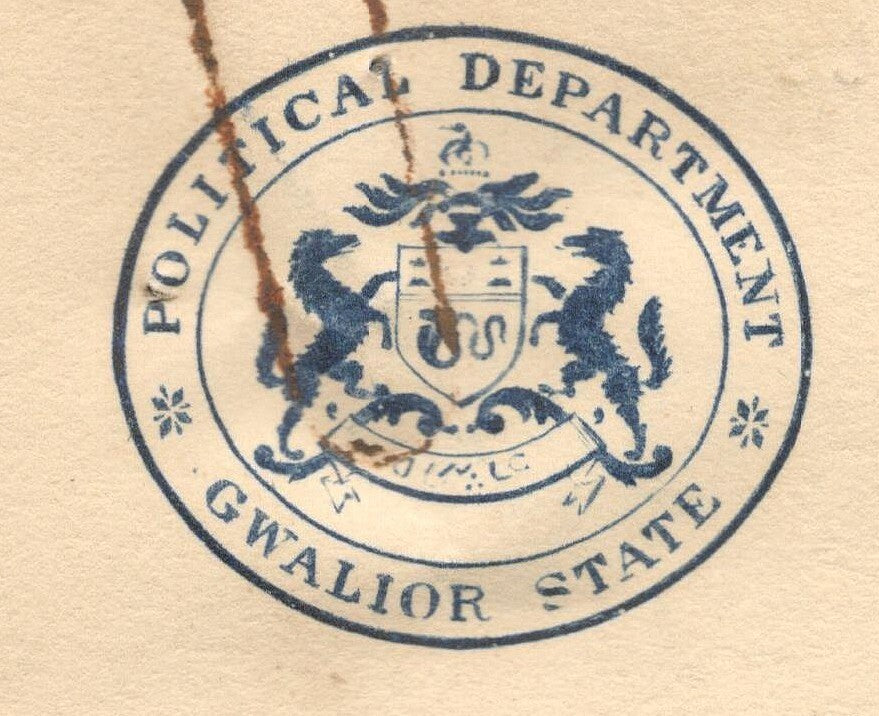 India 1927 crested letter POLITICAL DEPT GWALIOR impotent regret fo scrappy work