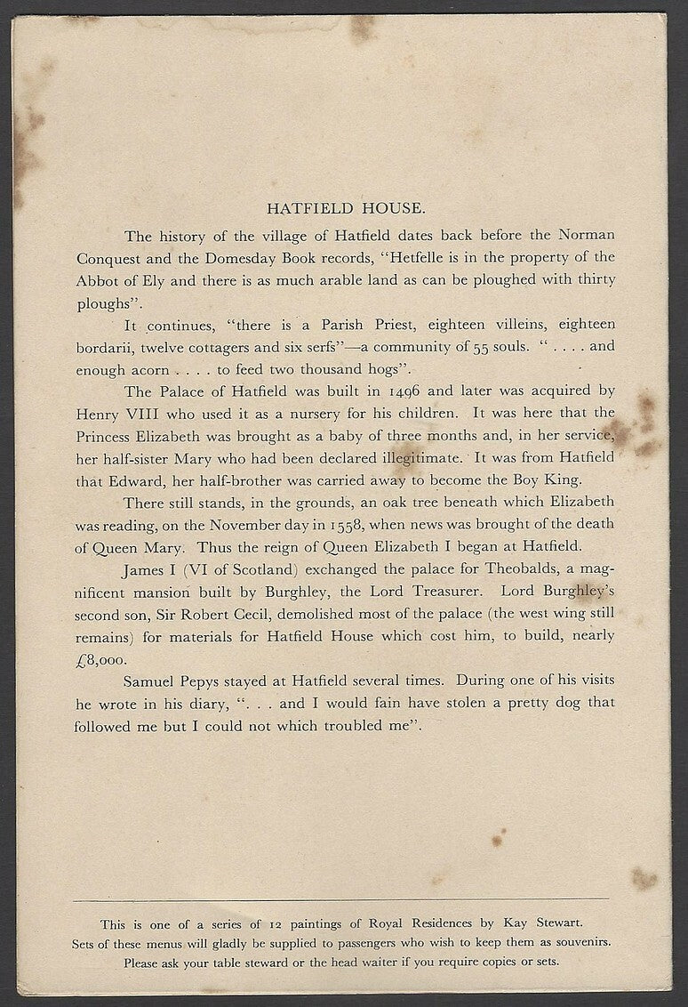 B.I. British India Line Royal Residences menu cards (6)