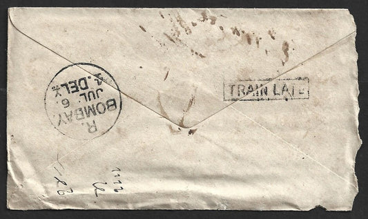 AOP India QV env canc "MAIL AGENT/HOWRAH" sc & "TRAIN LATE" bs