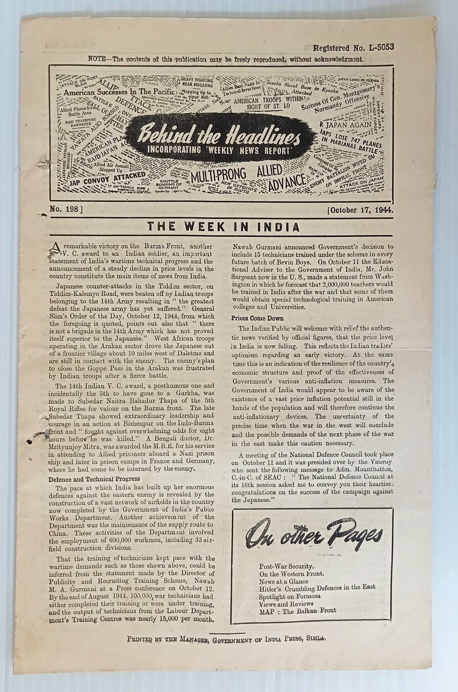 India 1944 WW2 Propaganda rag BEHIND THE HEADLINES JAPAN'S FOUR BIG WORRIERS 8pg
