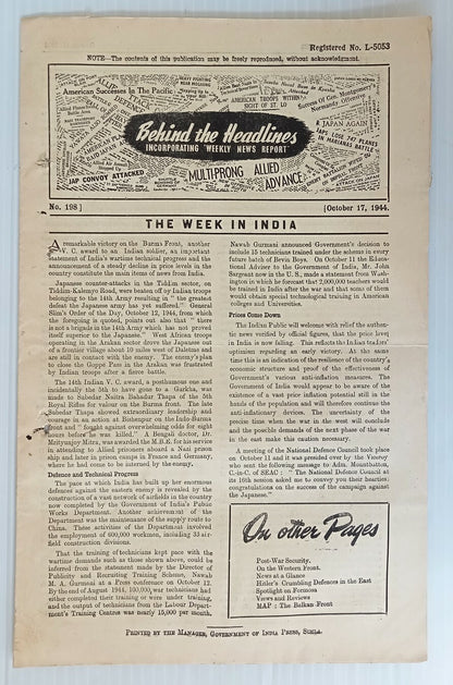 India 1944 WW2 Propaganda rag BEHIND THE HEADLINES JAPAN'S FOUR BIG WORRIERS 8pg