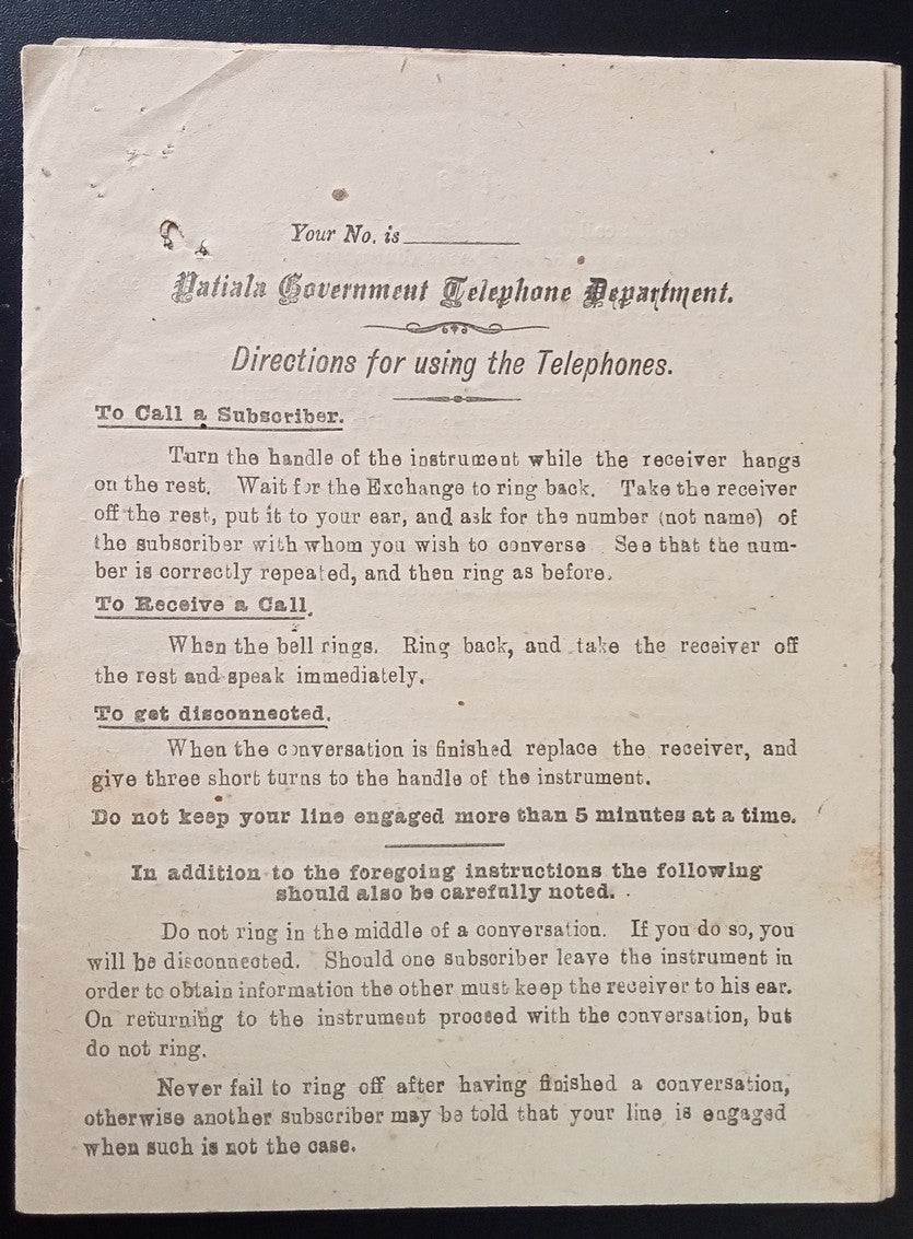 India Patiala State 1922 DIRECTIONS FOR USING THE TELEPHONES - 12pgs 300 printed
