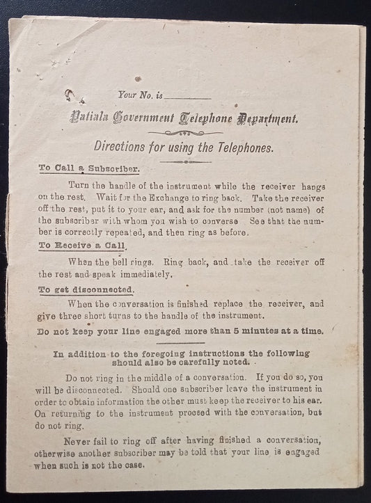 India Patiala State 1922 DIRECTIONS FOR USING THE TELEPHONES - 12pgs 300 printed