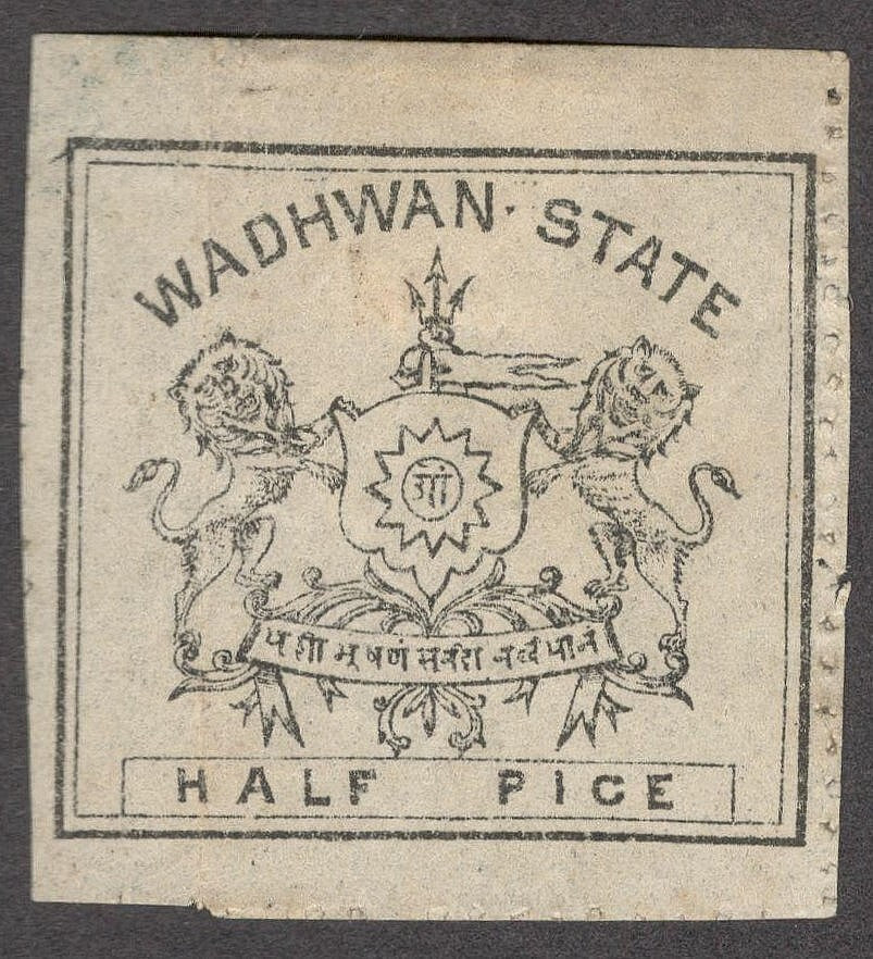 India WADHWAN State 1888-94 1/p black thin toned wove paper perf.12 1/2 MH. SG 2