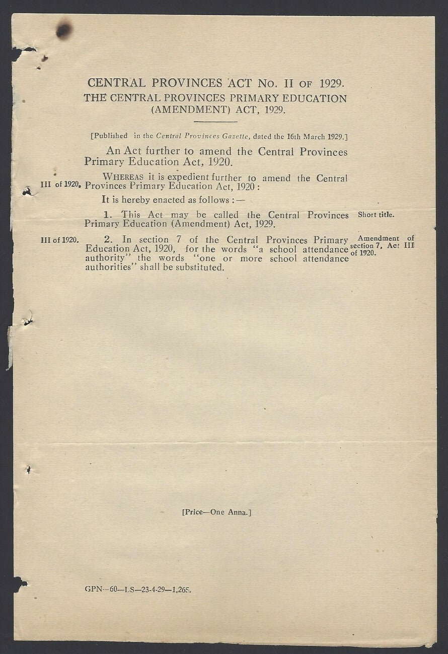 India 1929 Central Provinces Juvenile Smoking Act + 3 others