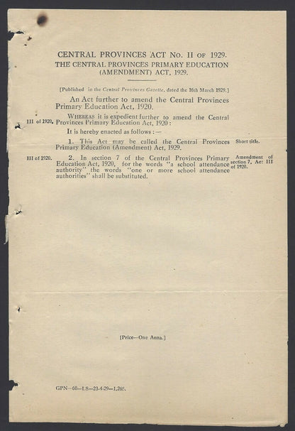 India 1929 Central Provinces Juvenile Smoking Act + 3 others