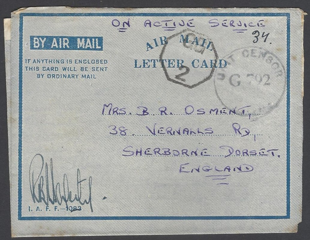 AOP India WW2 IAFF H.M. FORCES air letter with GG/2 censor to UK 1945