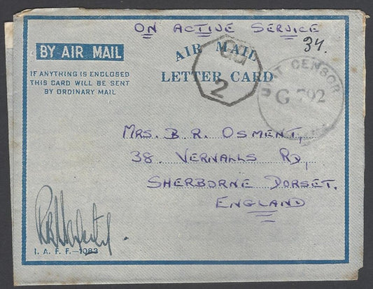 AOP India WW2 IAFF H.M. FORCES air letter with GG/2 censor to UK 1945