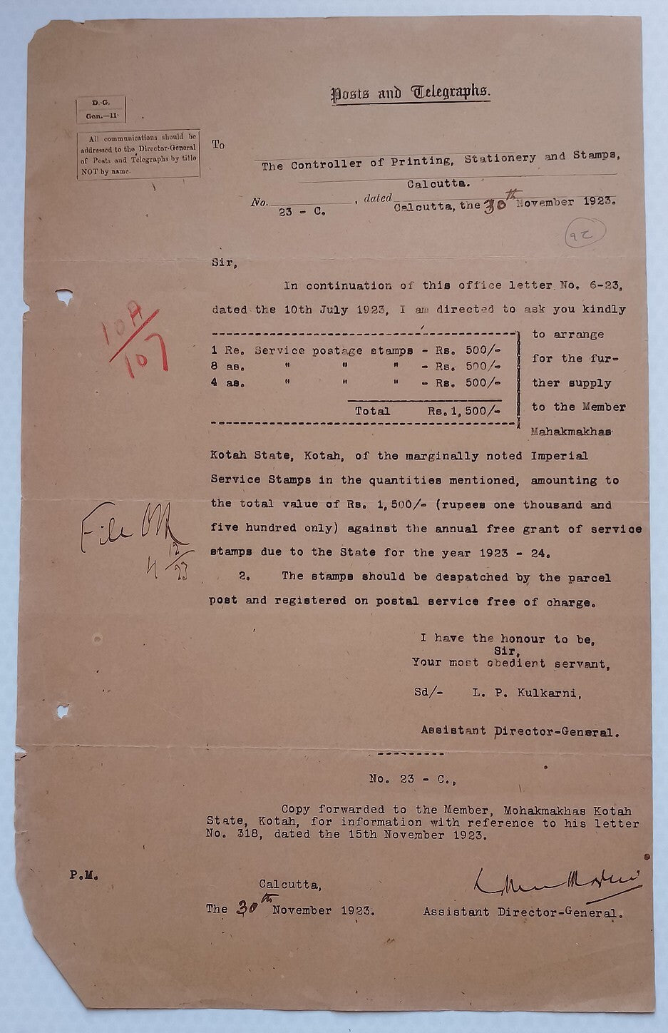 AOP India Official correspondence :Supply of Service stamps to KOTAH STATE 1925