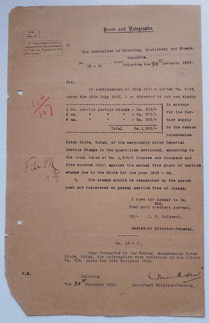 AOP India Official correspondence :Supply of Service stamps to KOTAH STATE 1925
