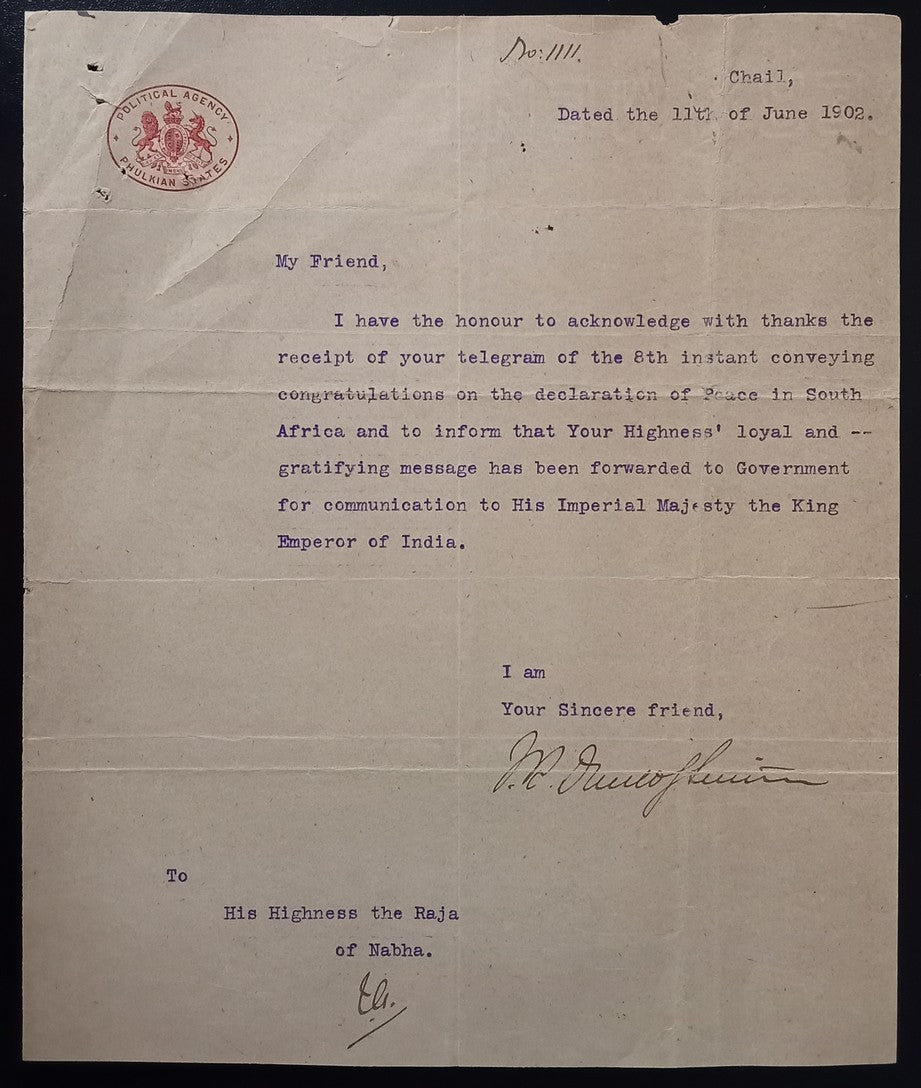 India 1902 letter to the Maharaja of Nabha about the end of the Boer War