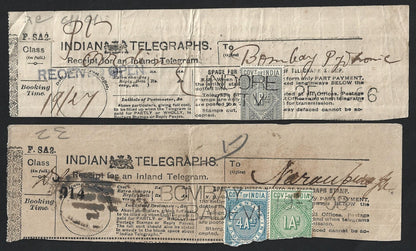 India 1876-1906 collection of telegraph receipts used from 12 different towns