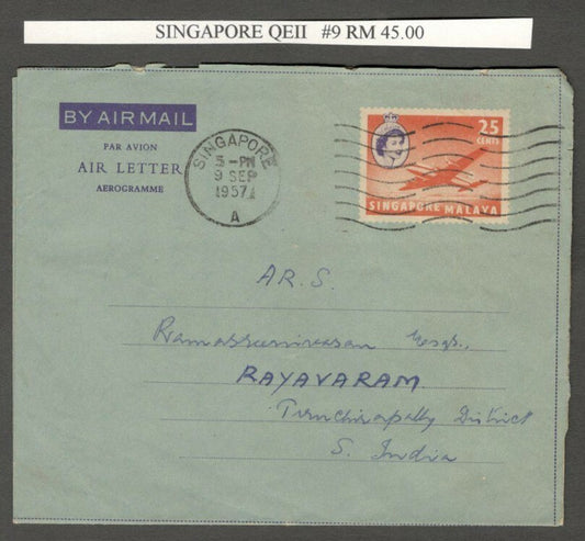 AOP Singapore QEII 25c air letter to India Tan #9 RM 45