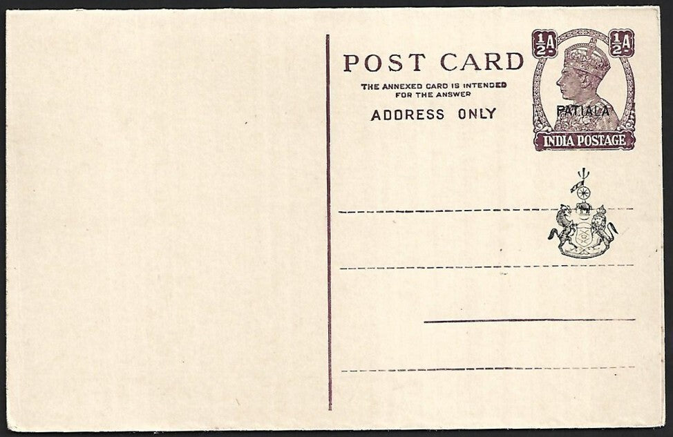 India Patiala State KGVI 1/2a+1/2a reply postal card unused