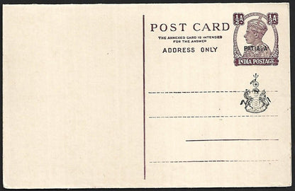 India Patiala State KGVI 1/2a+1/2a reply postal card unused