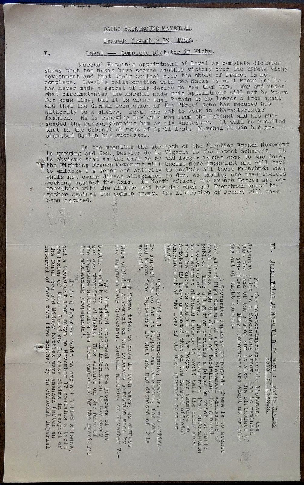 India WW2 1942 Propaganda briefing for Broadcasters Plunder of Indochina etc