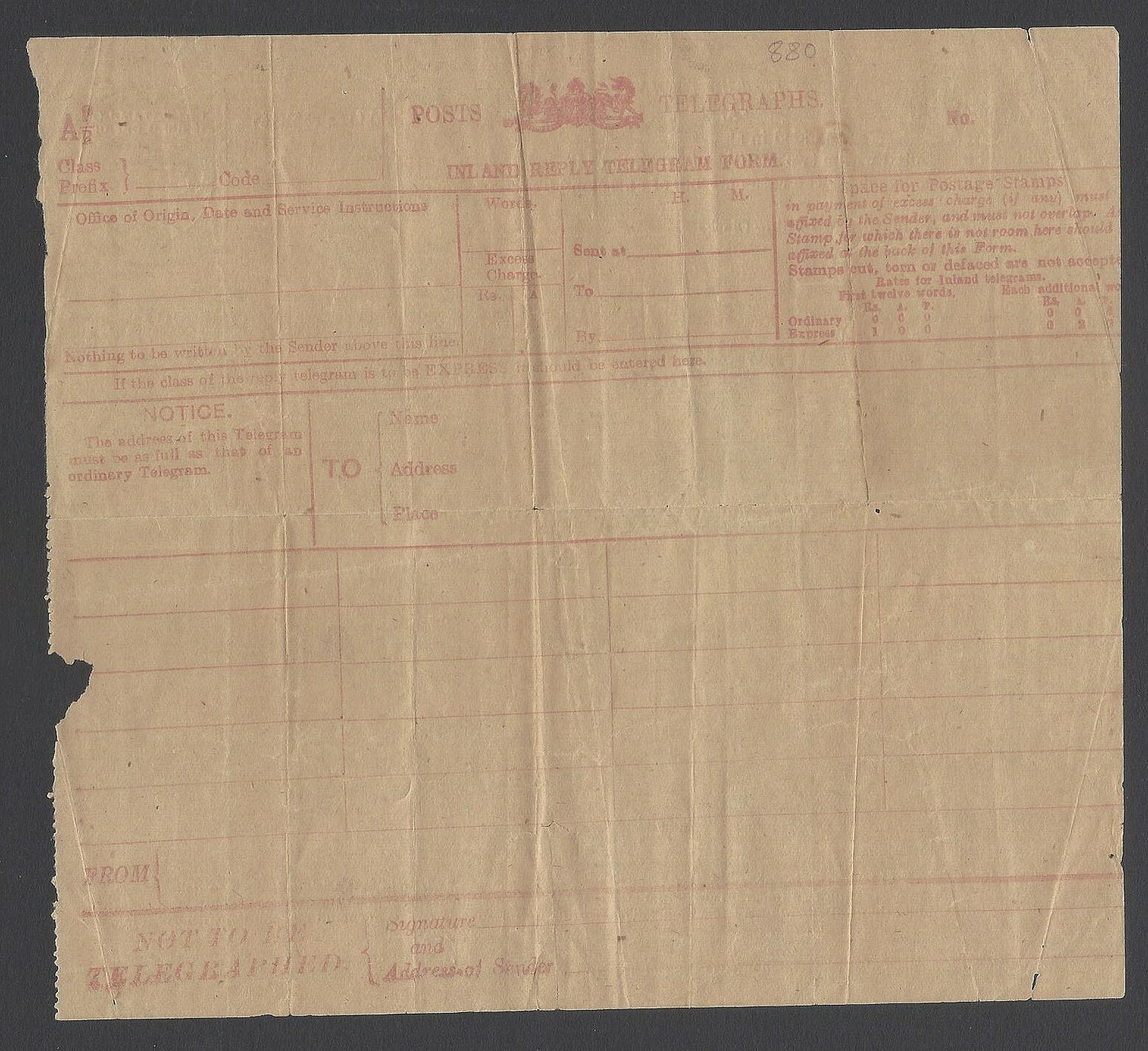 AOP India red Inland Reply Telegram Form validated 1918