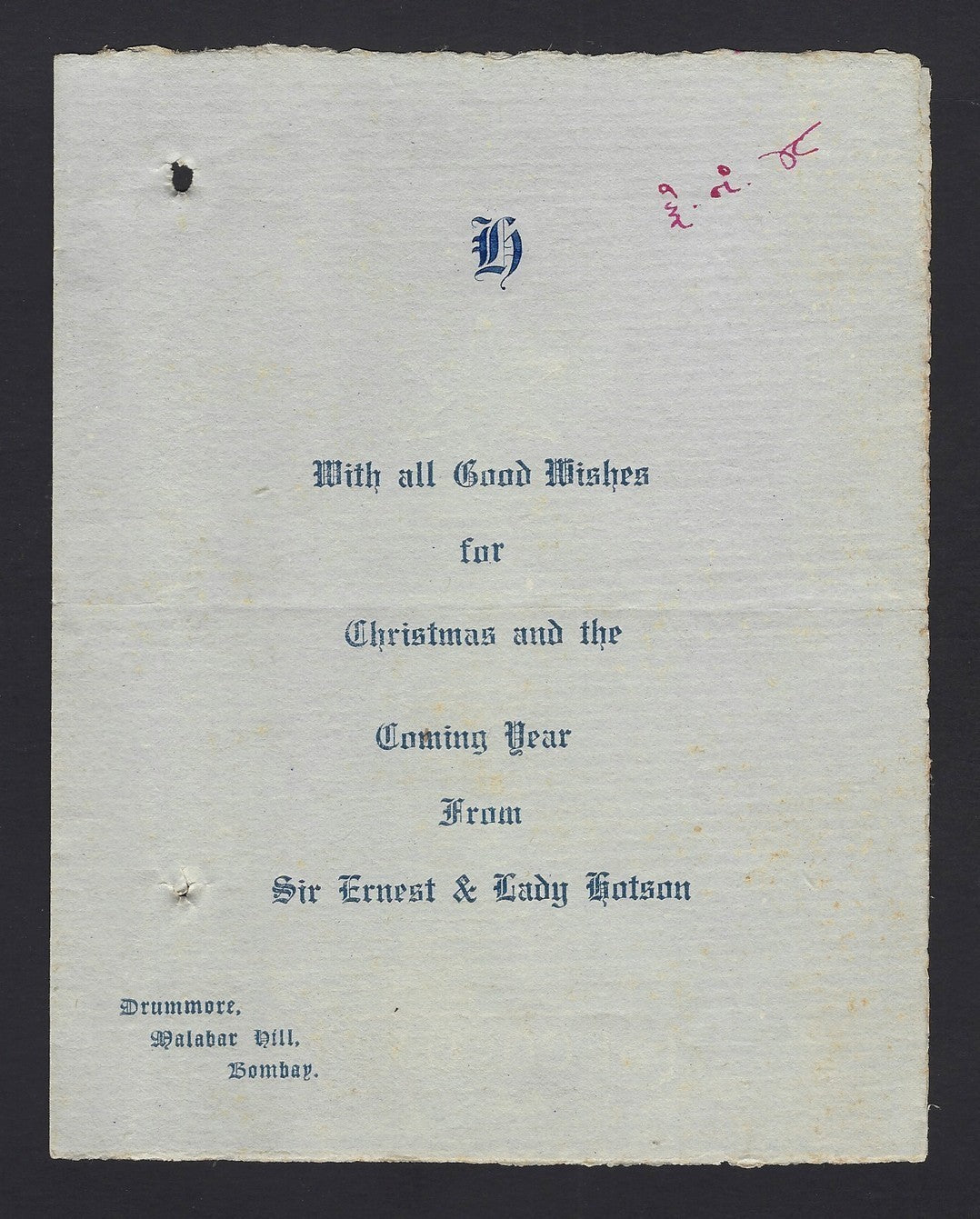 India 1930s X’Mas New Year greeting card from Ernes Hotson Governor of Bombay