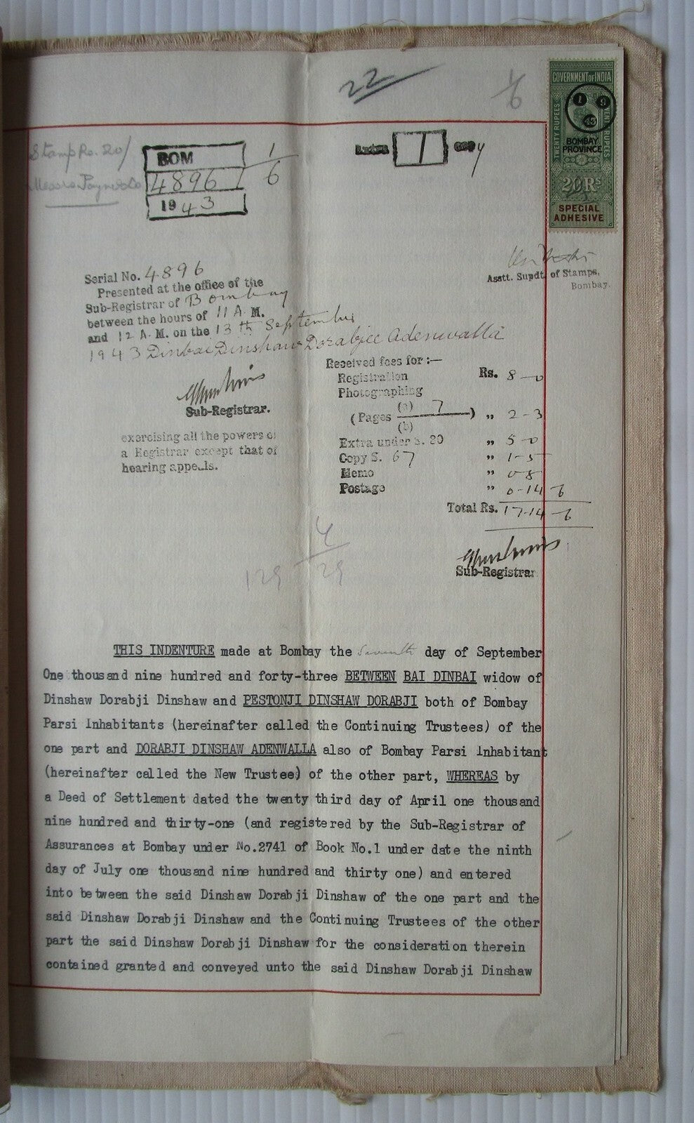 India 1943 Deed of Appointment document with Special Adhesive KGV 20R