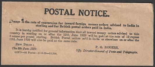 India 1929 POSTAL NOTICE Inward Money Orders & Postal Orders paid in India