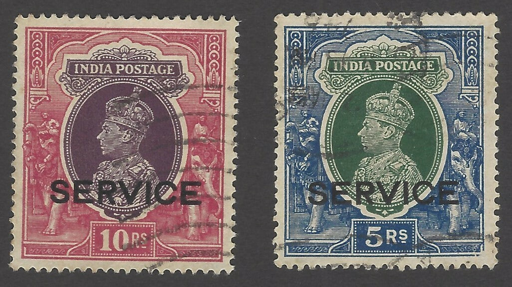India KGVI Officials 1937-9 5R & 10R used SG O140-41