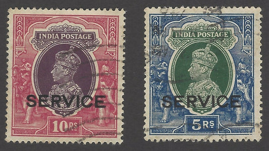 India KGVI Officials 1937-9 5R & 10R used SG O140-41