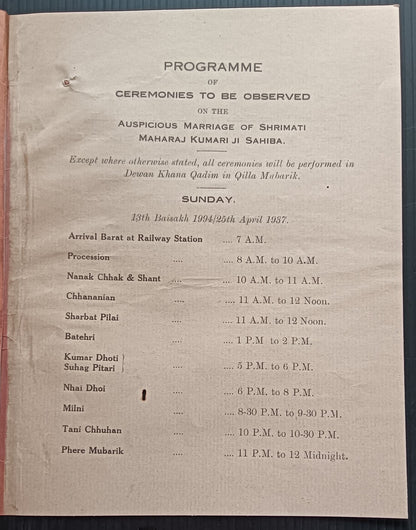 India 1937 Dalip Pur Programme of Ceremonies Shrimati Maharajkumar Ji Sahiba