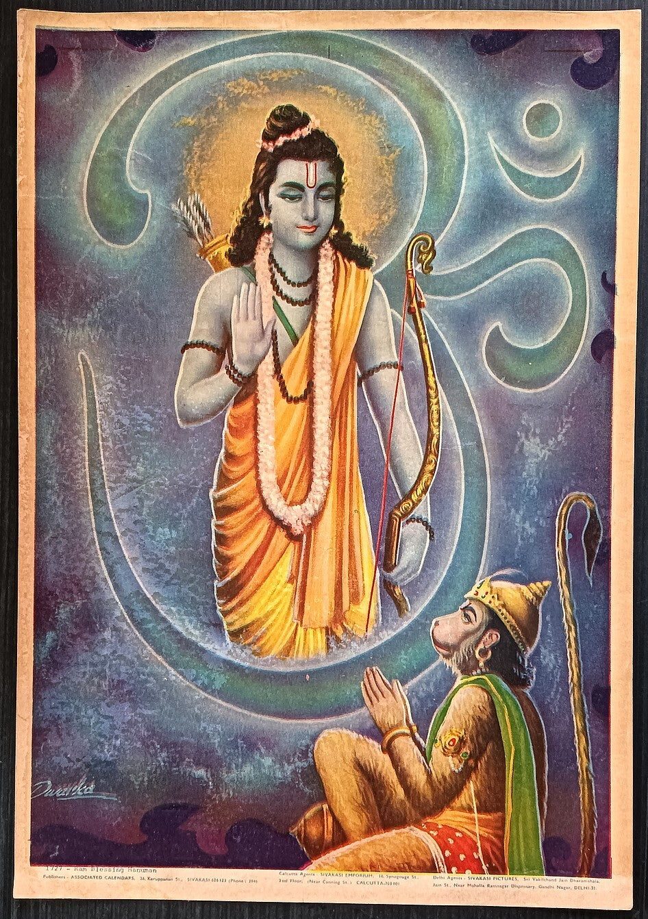 India vintage Ram Blessing Hanuman 10"x14" inches